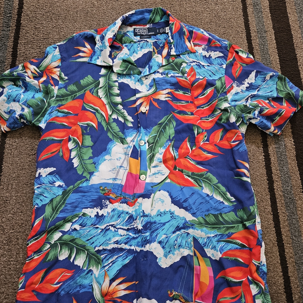 Polo Ralph Lauren Men Sailing Yacht Floral Tropical Hawaiian Graphic Camp Shirt
